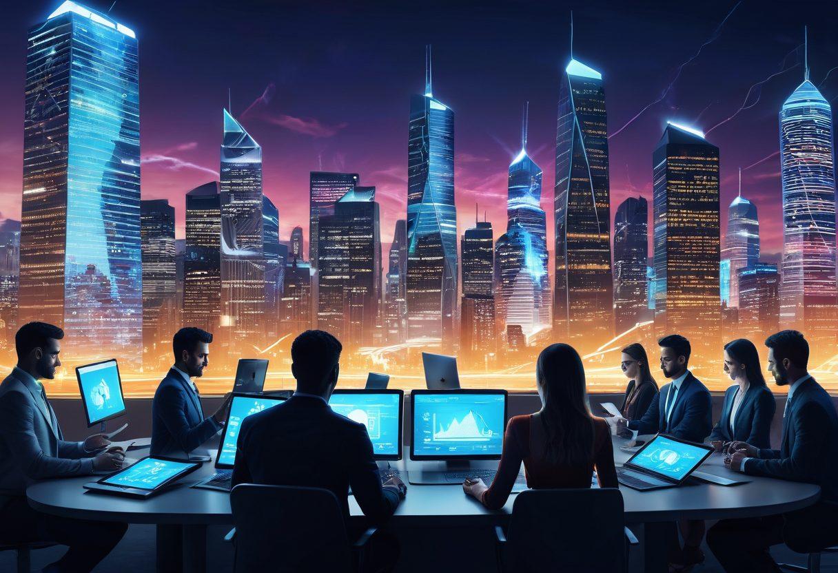 A modern digital landscape featuring a diverse group of people using various devices for online transactions. Incorporate elements like secure payment icons, money transfer animations, and currency symbols flowing seamlessly. The background should depict a futuristic city with glowing buildings and digital screens. Use vibrant colors to convey energy and innovation. super-realistic. vibrant colors. 3D.