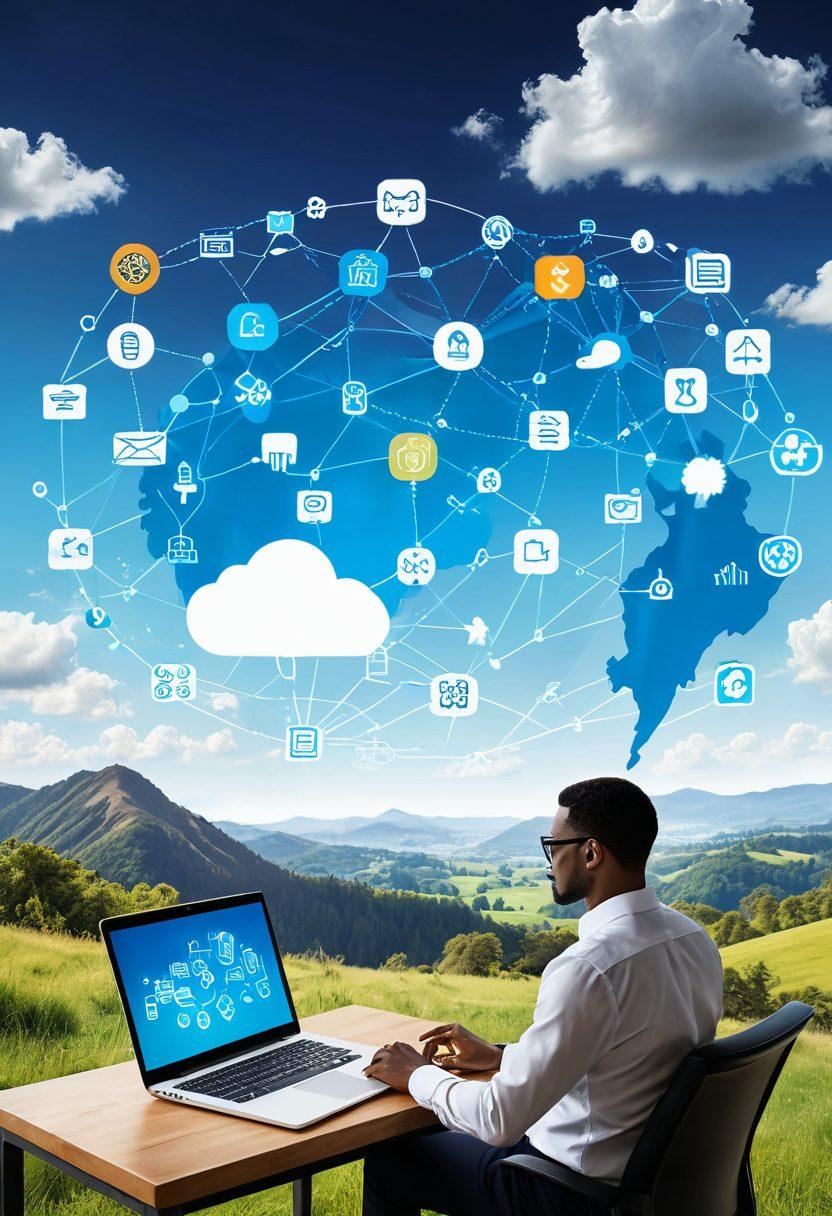 An intricate map featuring diverse payment solutions like credit cards, digital wallets, and blockchain icons scattered across a vibrant landscape. A business owner with a laptop is charting their course through this fintech terrain, with symbols of innovation and security highlighted along the way. The sky is filled with digital cloud graphics representing data and connectivity. super-realistic. vibrant colors. white background.
