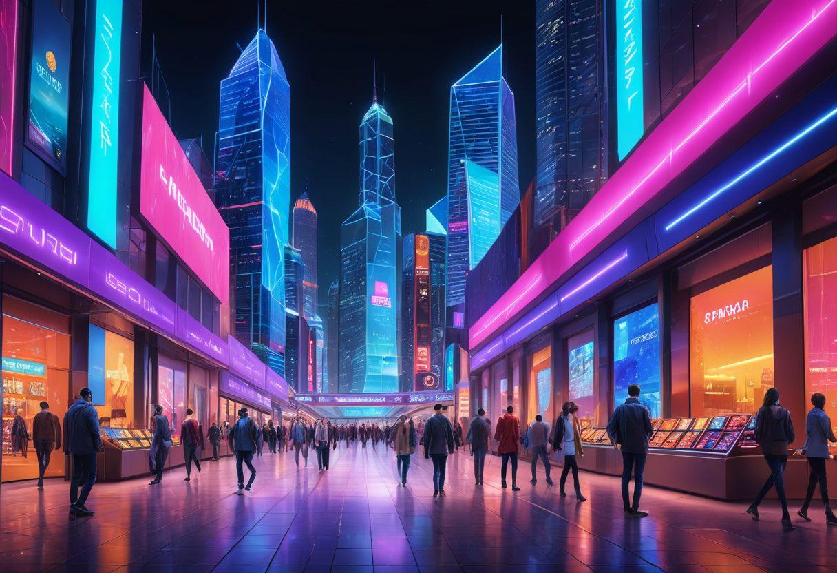 A futuristic online shopping scene depicting a diverse group of business owners using various innovative payment solutions, such as digital wallets and cryptocurrencies, in a sleek, modern e-commerce environment. Incorporate holographic screens displaying transaction data, shopping carts, and a vibrant cityscape in the background showcasing advanced technology. Emphasize a sense of connectivity and growth in the e-commerce sector. super-realistic. vibrant colors. 3D.